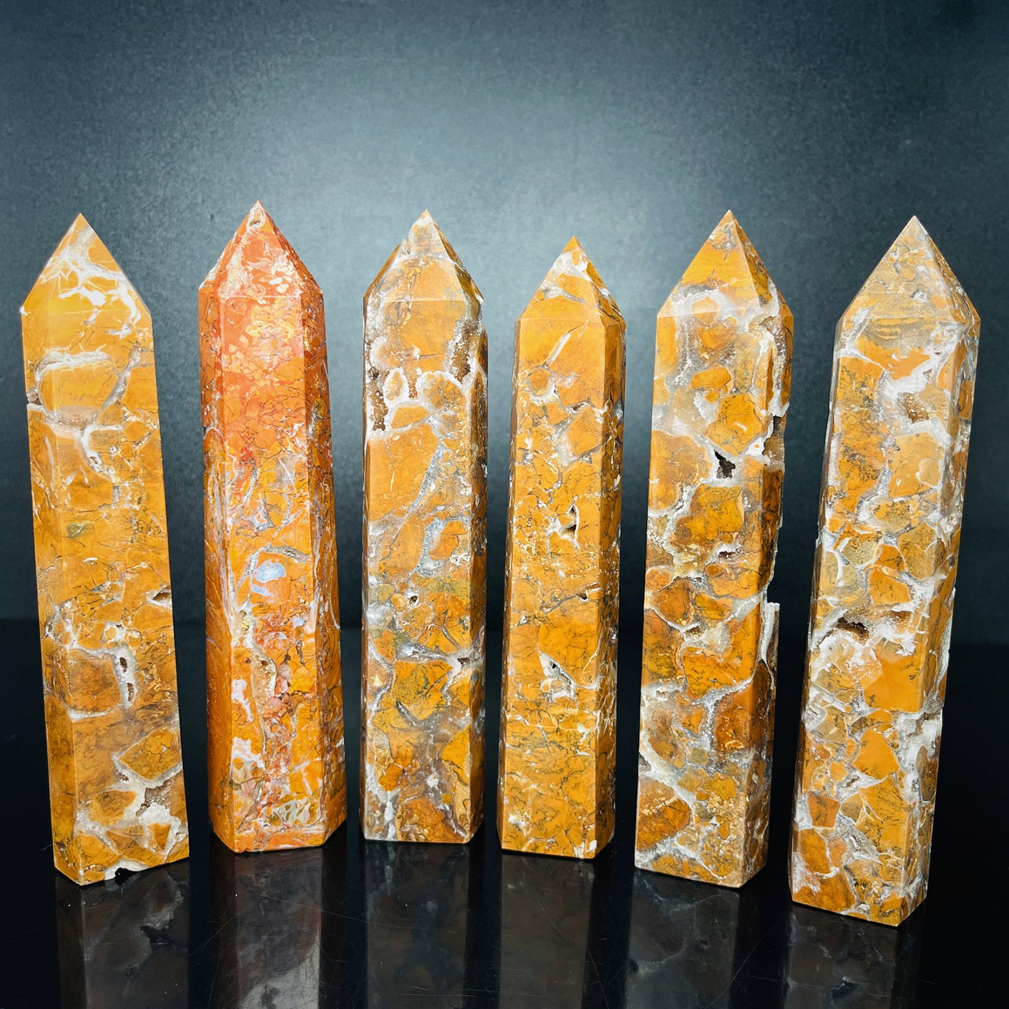 Natural Yellow cherry blossom agate single pointed pillar Heal ing Gemstone Home Decor