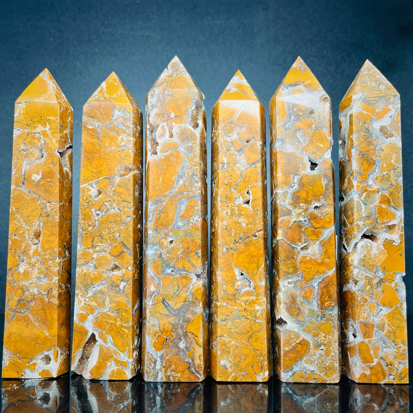 Natural Yellow cherry blossom agate single pointed pillar Heal ing Gemstone Home Decor