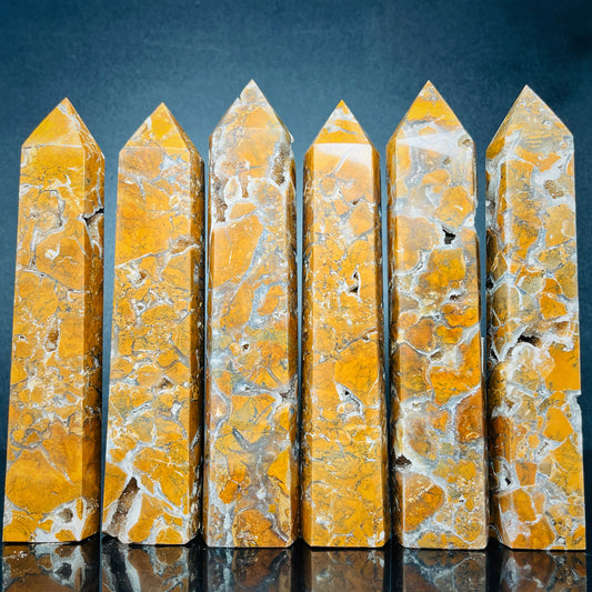 Natural Yellow cherry blossom agate single pointed pillar Heal ing Gemstone Home Decor