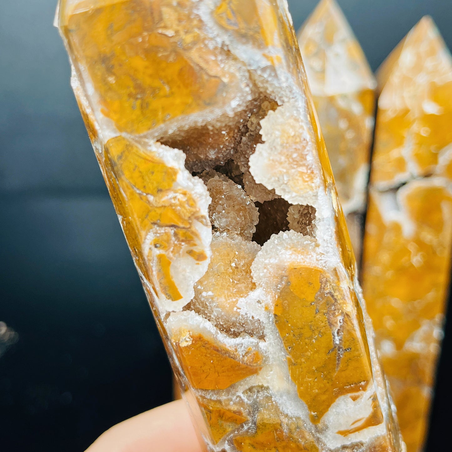 Natural Yellow cherry blossom agate single pointed pillar Heal ing Gemstone Home Decor