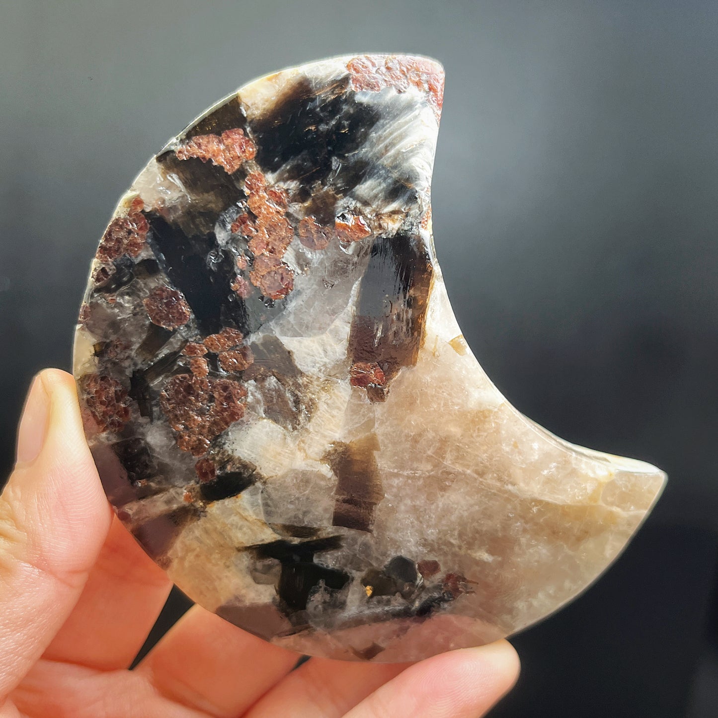 Natural Garnet tourmaline silver mica carved moon Heal ing Gemstone Home Decor