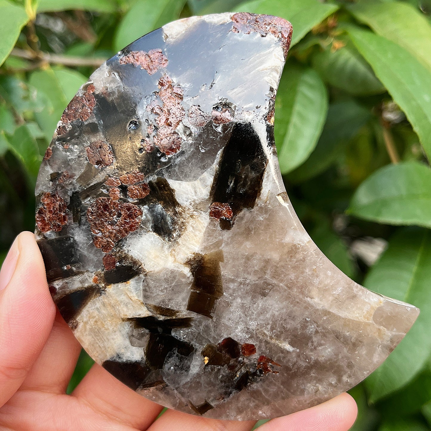 Natural Garnet tourmaline silver mica carved moon Heal ing Gemstone Home Decor