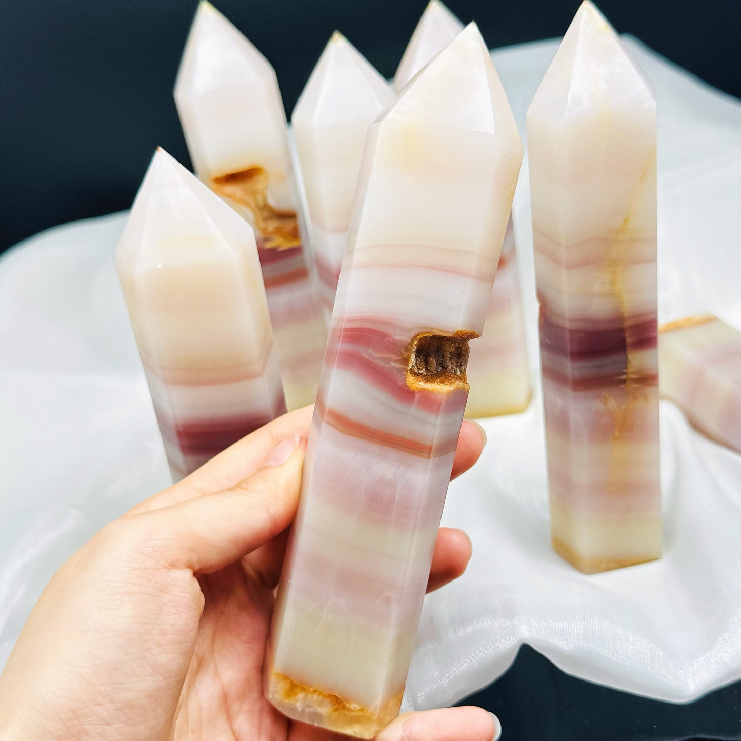 Natural Colorful jade single pointed pillar Heal ing Gemstone Home Decor
