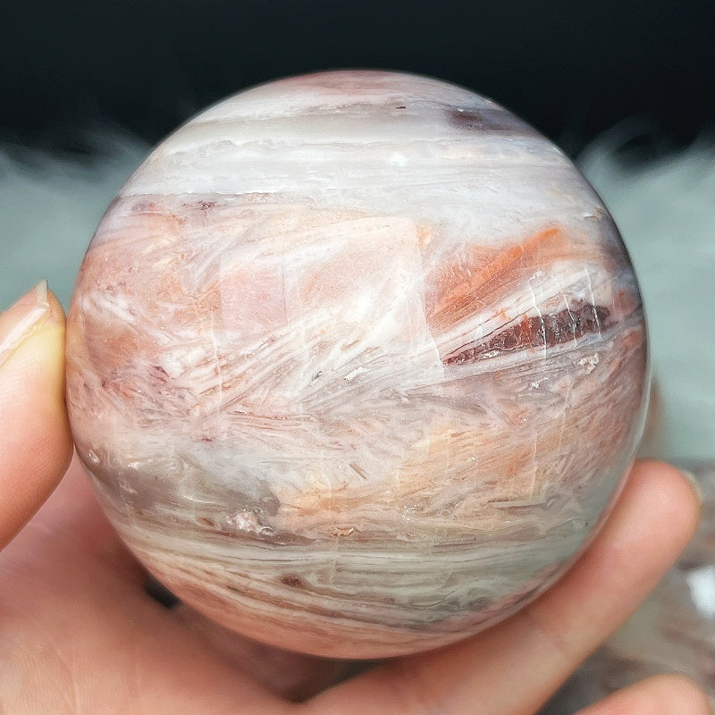 Natural Peach blossom agate ball Heal ing Gemstone Home Decor