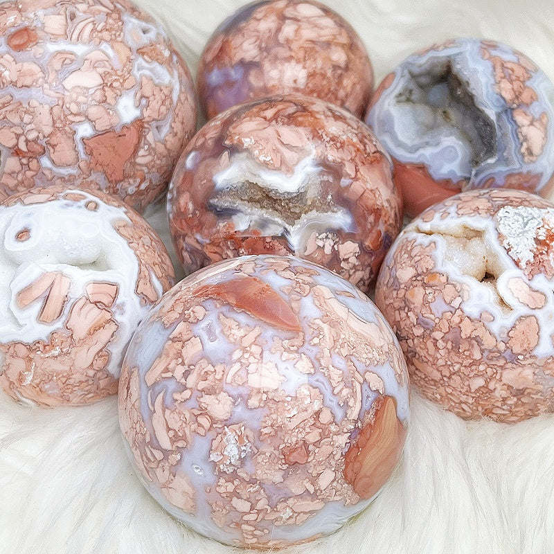 Natural Pink cherry blossom agate ball Heal ing Gemstone Home Decor