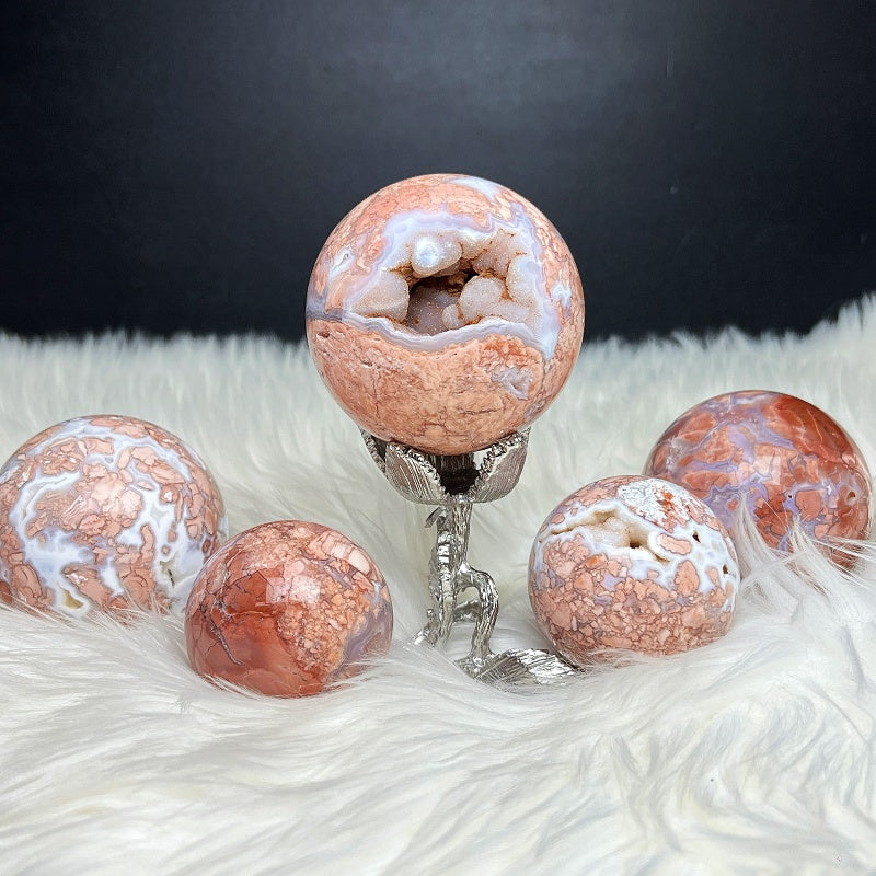Natural Pink cherry blossom agate ball Heal ing Gemstone Home Decor