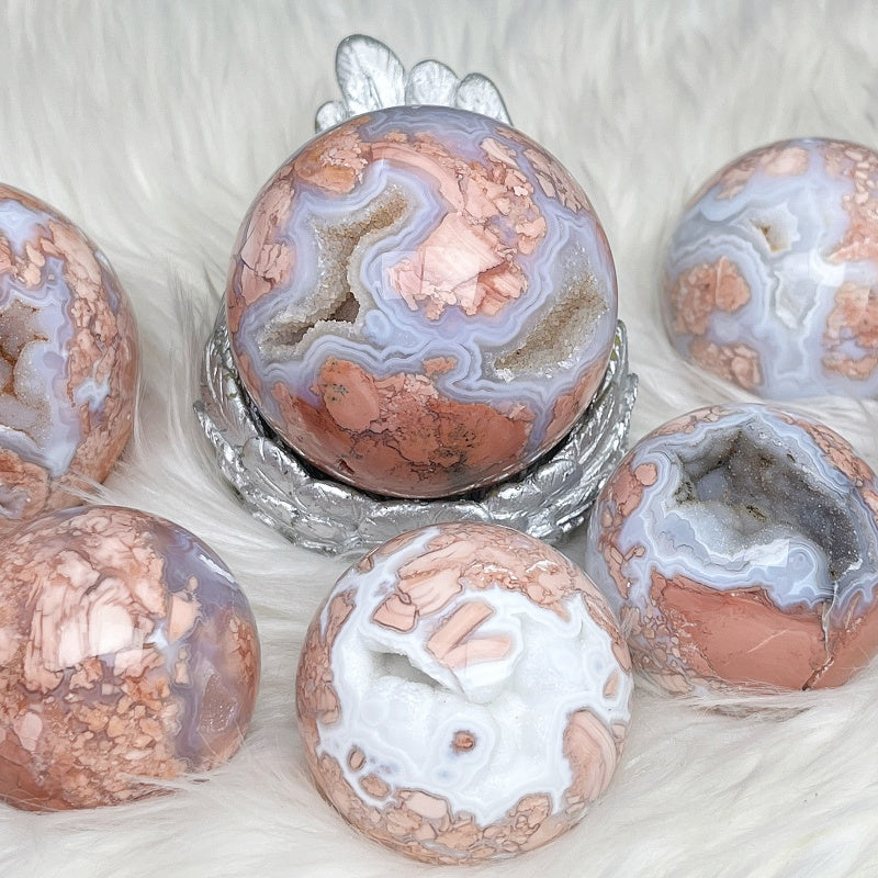 Natural Pink cherry blossom agate ball Heal ing Gemstone Home Decor