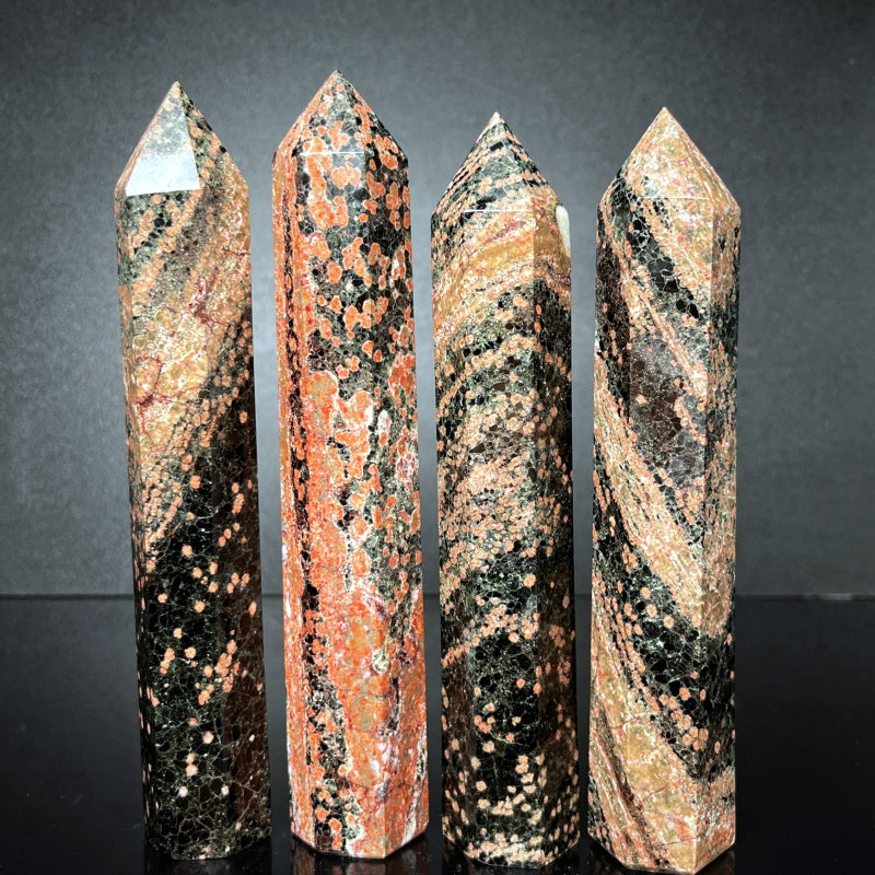 Natural Black and red leopard print stone single pointed pillar Heal ing Gemstone Home Decor