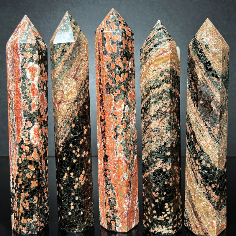 Natural Black and red leopard print stone single pointed pillar Heal ing Gemstone Home Decor