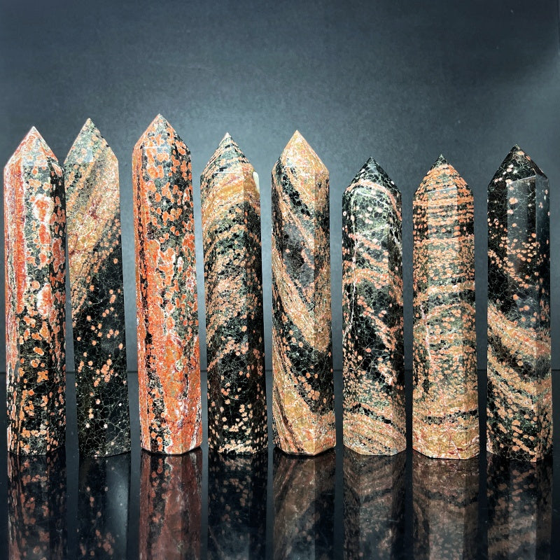 Natural Black and red leopard print stone single pointed pillar Heal ing Gemstone Home Decor