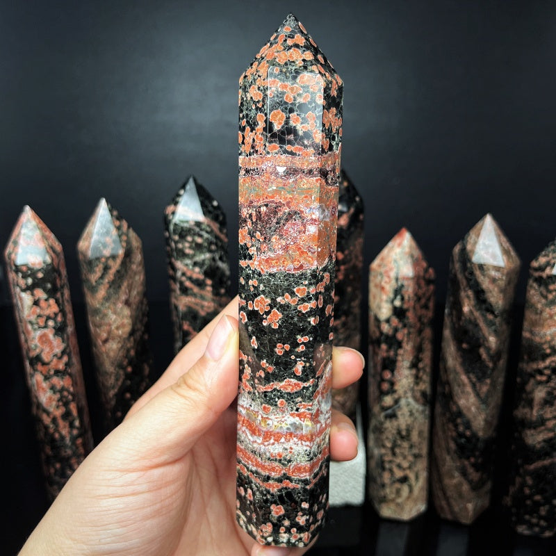Natural Black and red leopard print stone single pointed pillar Heal ing Gemstone Home Decor