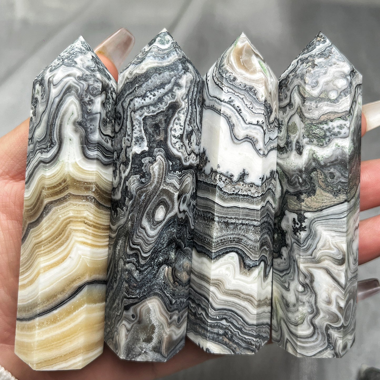 Natural Black pattern square solution single pointed column Heal ing Gemstone Home Decor