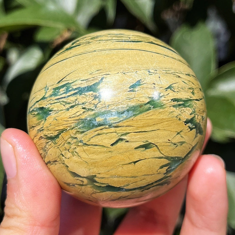 Natural Yellow green wood grain stone ball Heal ing Gemstone Home Decor