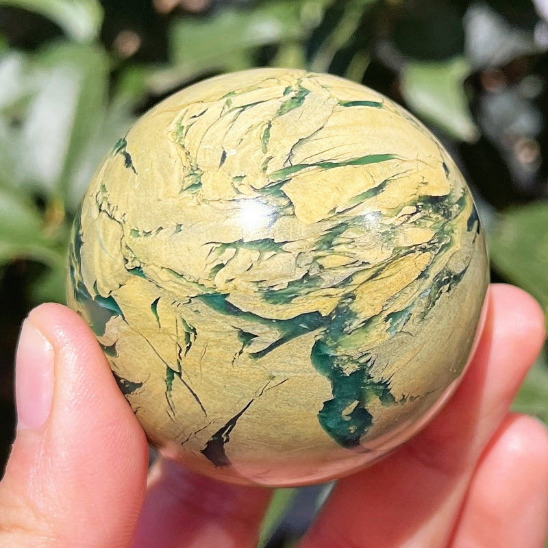 Natural Yellow green wood grain stone ball Heal ing Gemstone Home Decor