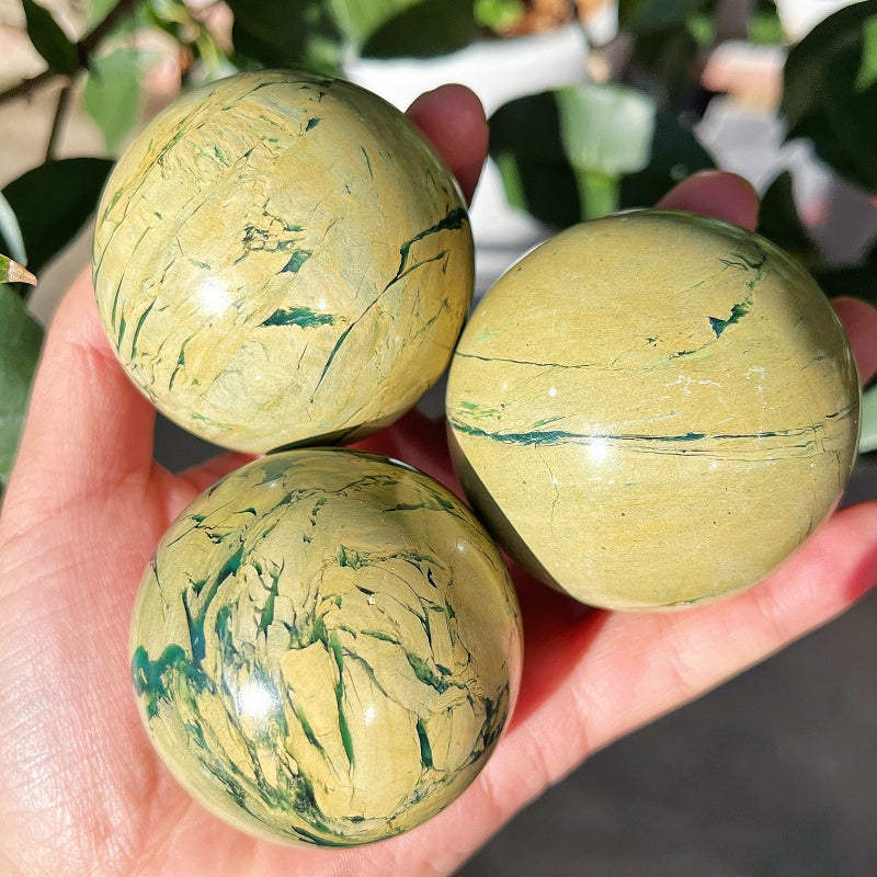 Natural Yellow green wood grain stone ball Heal ing Gemstone Home Decor
