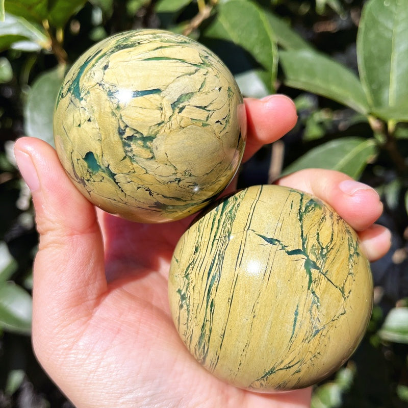 Natural Yellow green wood grain stone ball Heal ing Gemstone Home Decor