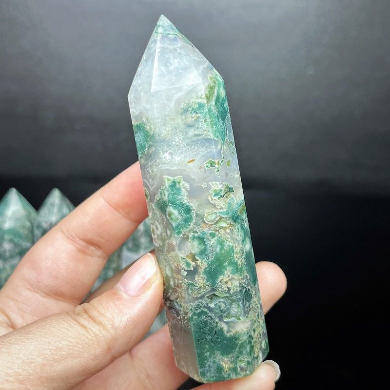 Natural Green agate single pointed pillar Heal ing Gemstone Home Decor