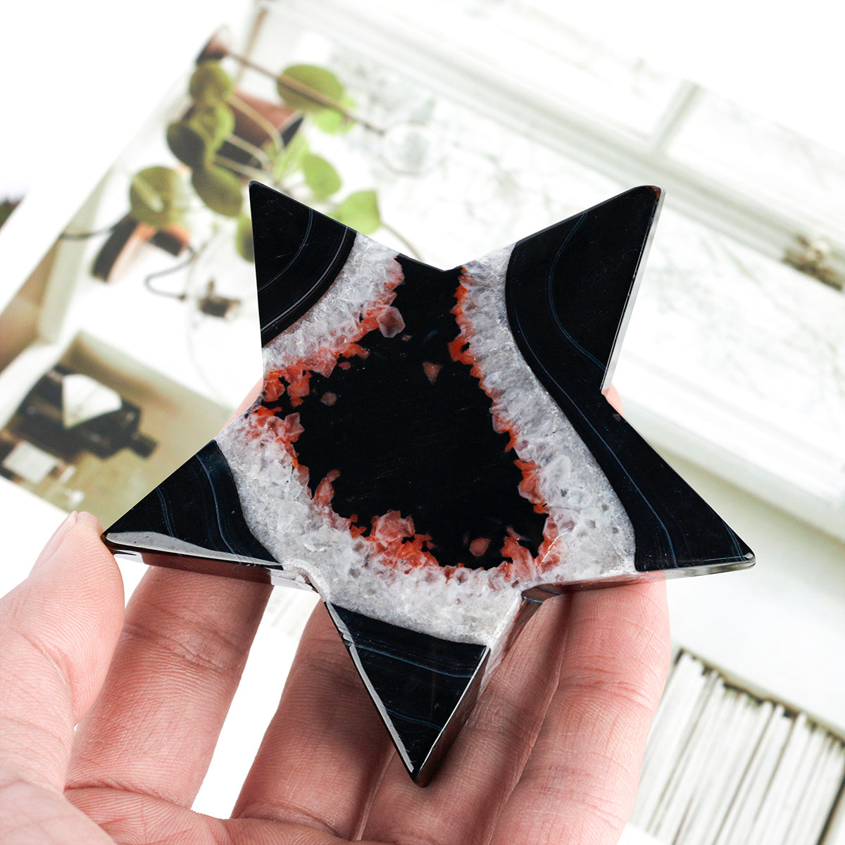 Natural Black and red wrapped agate star Heal ing Gemstone Home Decor