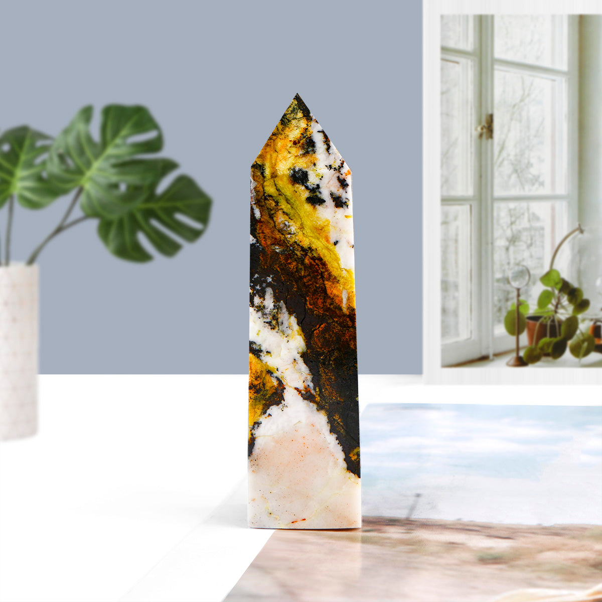 Natural Yellow pine stone square pillar Heal ing Gemstone Home Decor