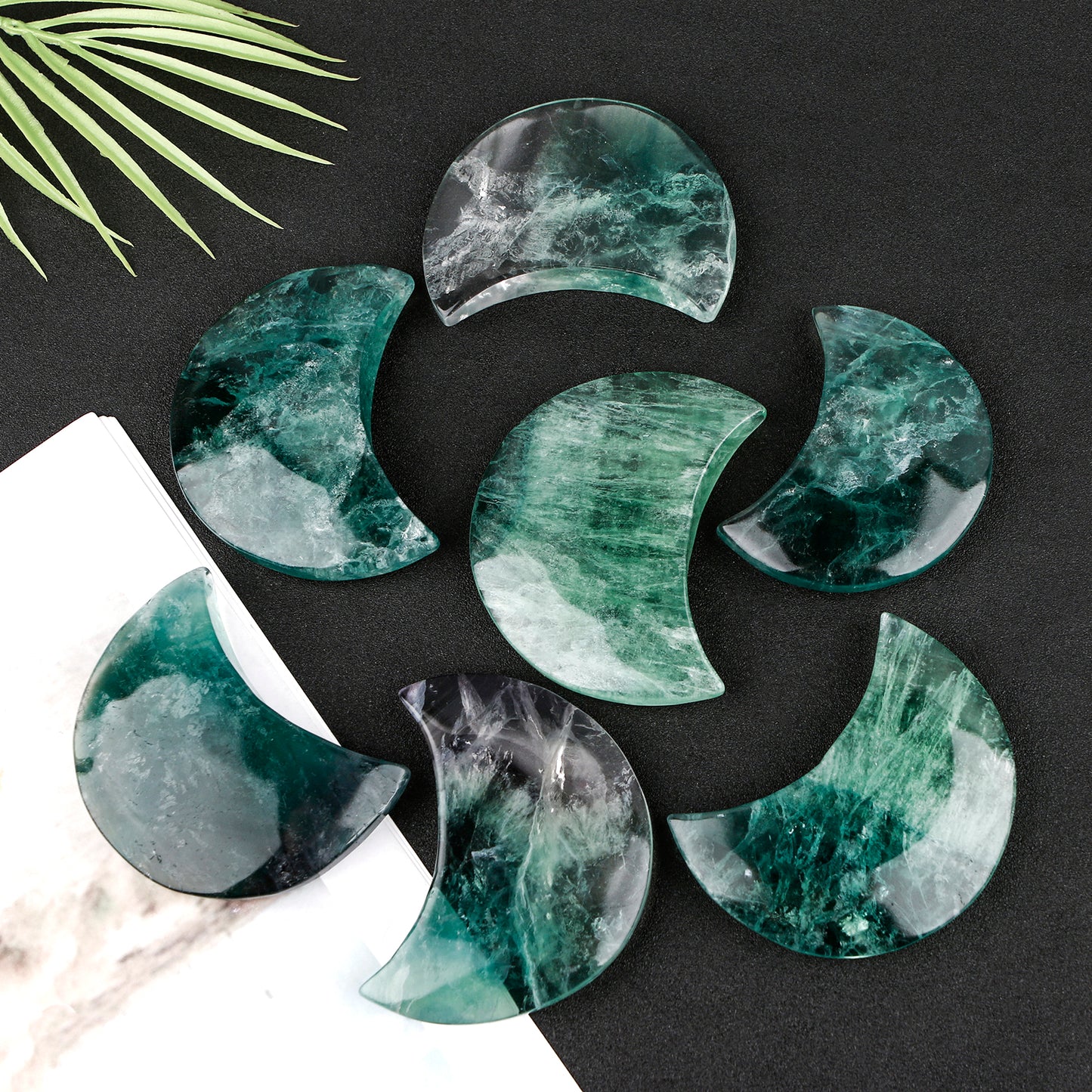 Natural Green fluorite carving moon Heal ing Gemstone Home Decor