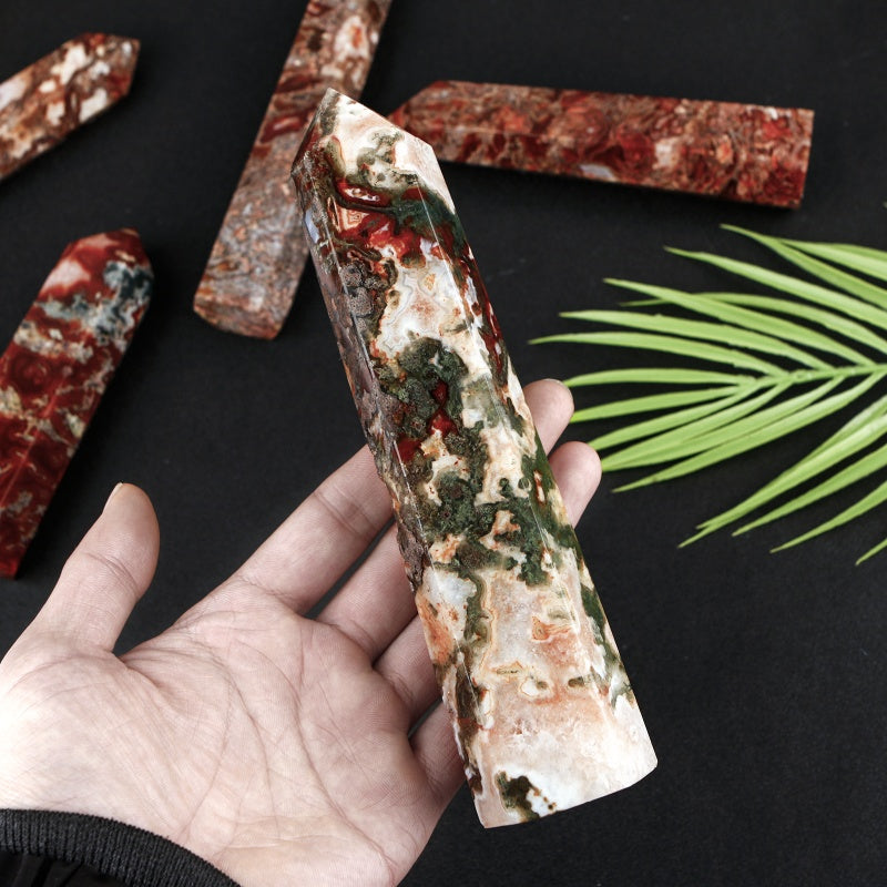 Natural Red water grass agate single pointed column Heal ing Gemstone Home Decor